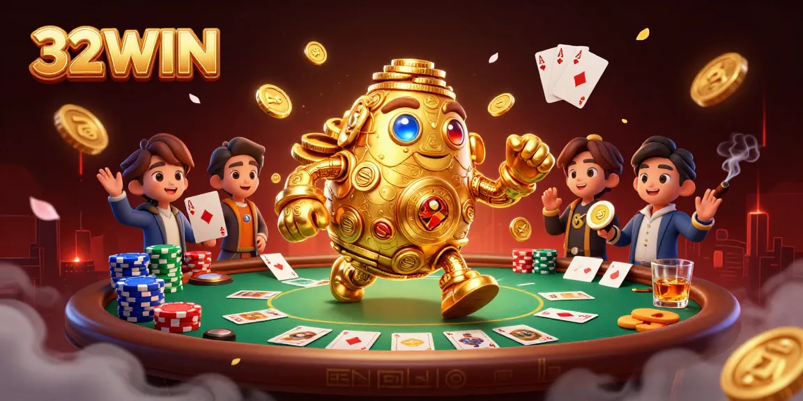 Immerse in the vibrant world of 32WIN, featuring a golden golem amidst an exciting poker scene.