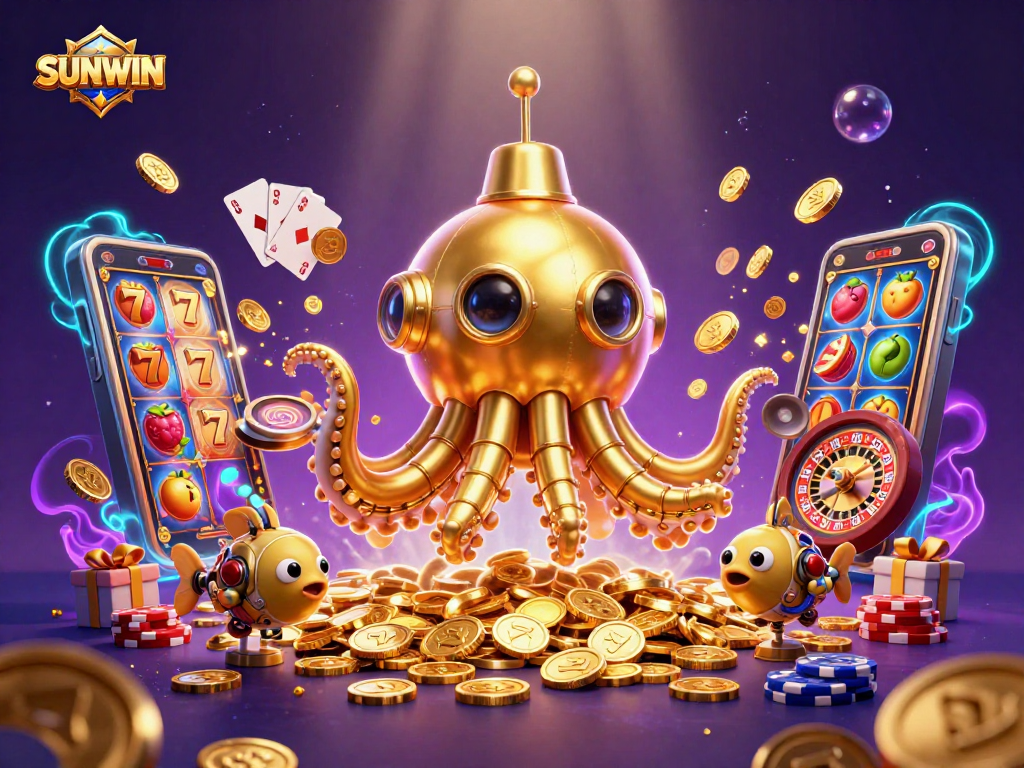 SUNWIN illuminates a vibrant scene of a golden kraken submarine amidst slot games and golden coins.