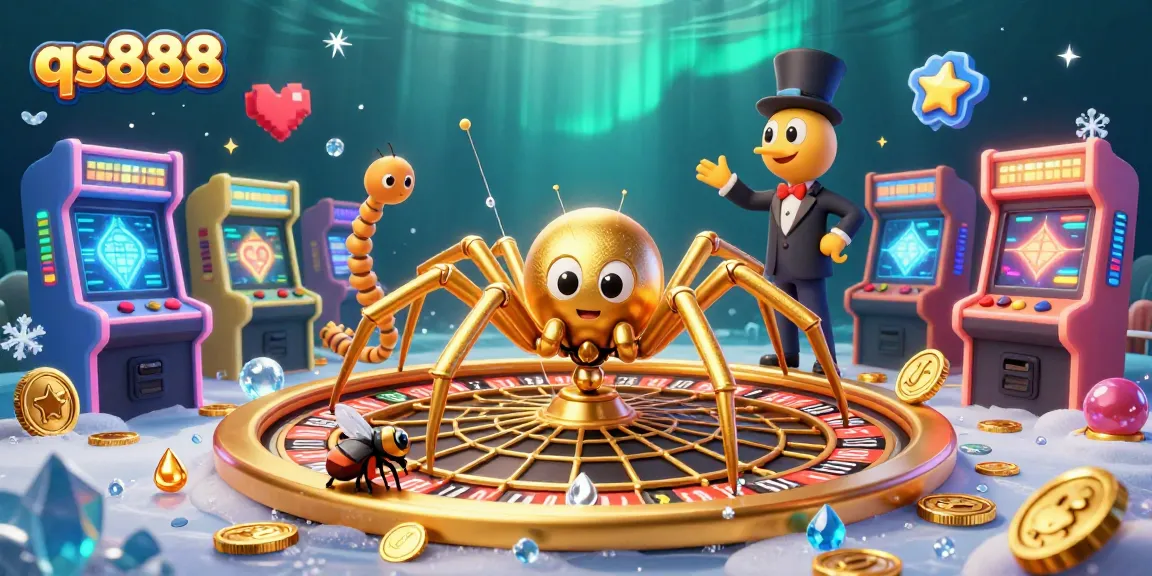 Bet with the fly at qs888 roulette wheel as the golden spider spins and wins in a vibrant casino.