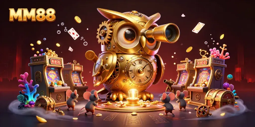 Experience the thrill of MM88's vibrant casino world with a golden owl and whimsical mice patrons amidst dynamic gaming elements.