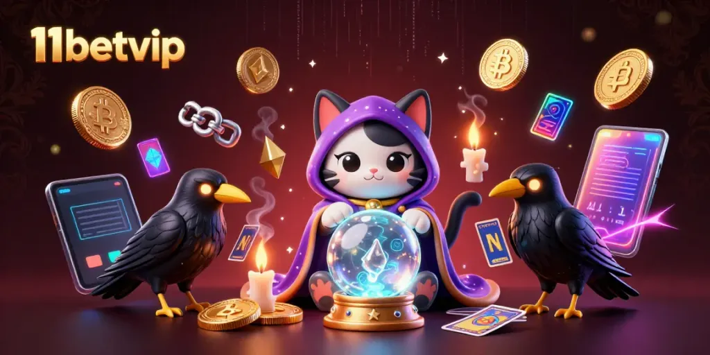 Engage with 11betvip's mystical casino scene featuring fortune teller cat, raven, and crypto symbols.