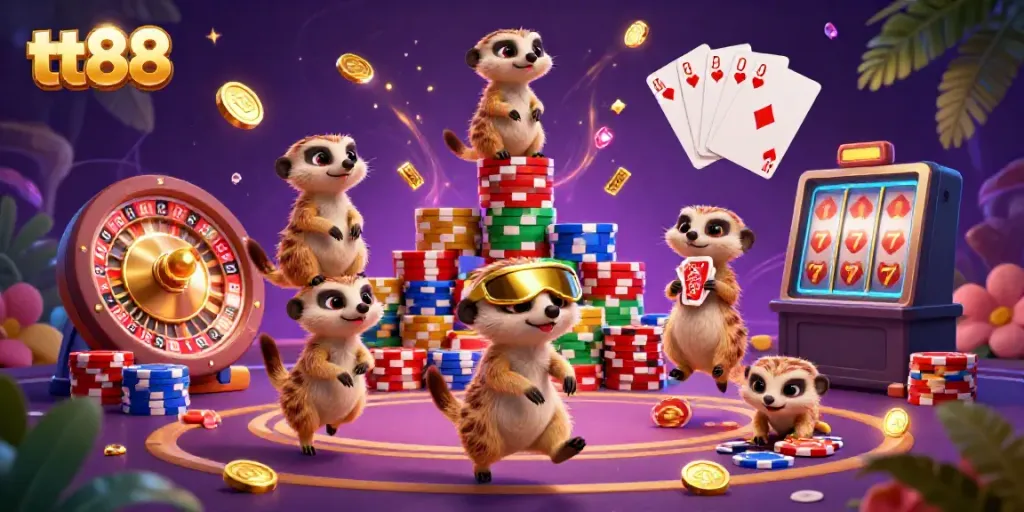 Experience thrilling wins at tt88 with a dynamic scene of meerkats in a vibrant casino atmosphere.