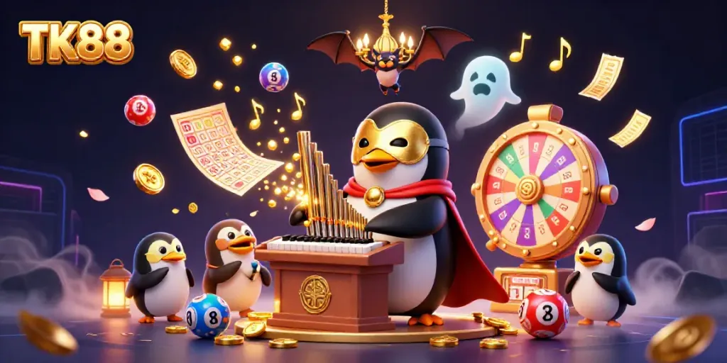 Experience TK88's exciting gaming atmosphere with a vibrant 3D casino scene and dynamic characters.