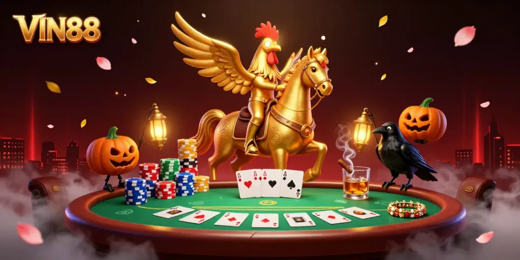 Experience the thrilling world of VIN88 with a captivating 3D casino illustration featuring mythical characters, golden chips, and vibrant game elements.