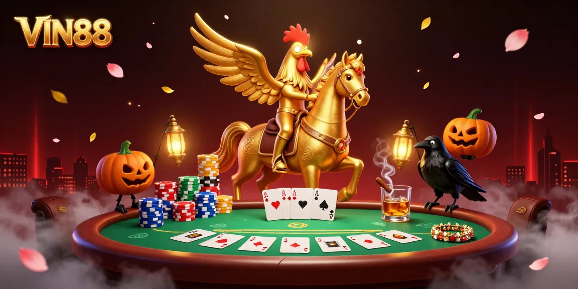 Experience the thrilling world of VIN88 with a captivating 3D casino illustration featuring mythical characters, golden chips, and vibrant game elements.