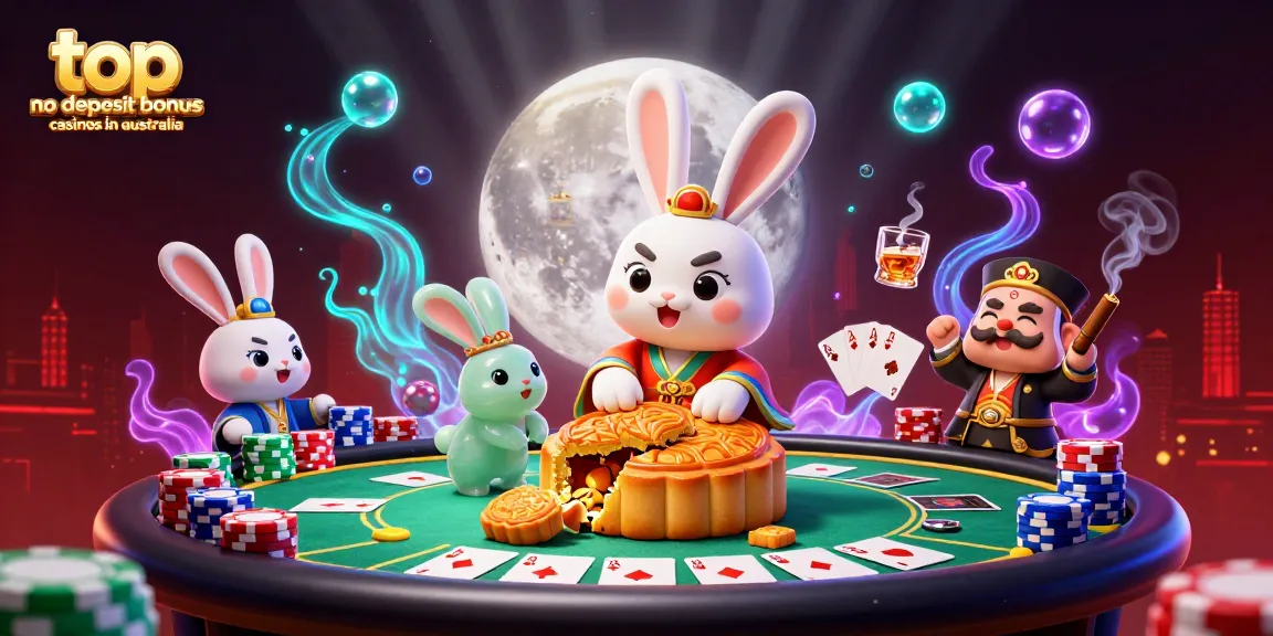 Engage with top no deposit bonus casinos in Australia through an enchanting 3D rabbit-themed casino illustration.