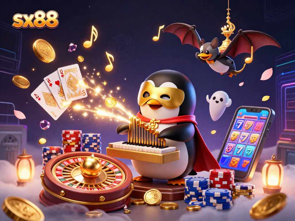 Experience winning at sx88 with a phantom penguin playing the organ of fortune amidst spectacular casino elements.