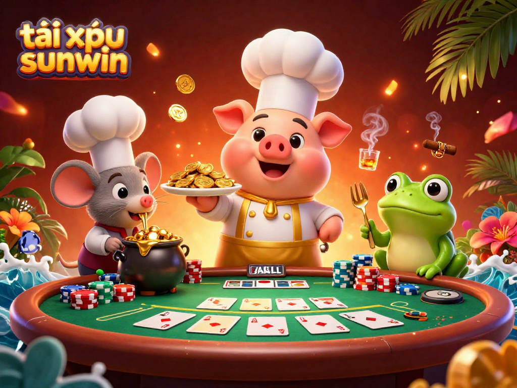 Engage in fun with tài xỉu sunwin as a cartoon chef pig presents gold coins at a lively poker scene.