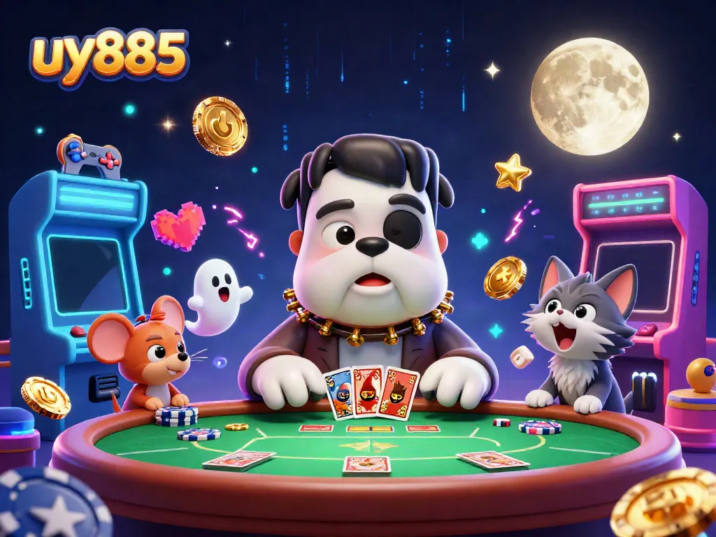 Engage in thrilling gameplay with uy885 at a vibrant casino table with a cartoon bulldog dealer.
