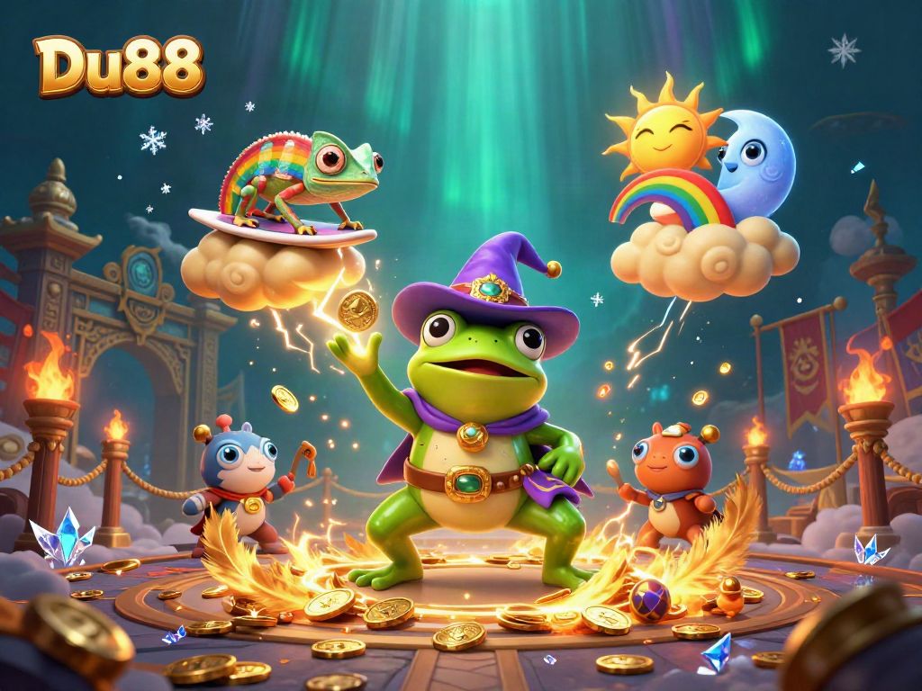 Join the excitement at Du88 with whimsical characters amidst a dynamic casino scene.