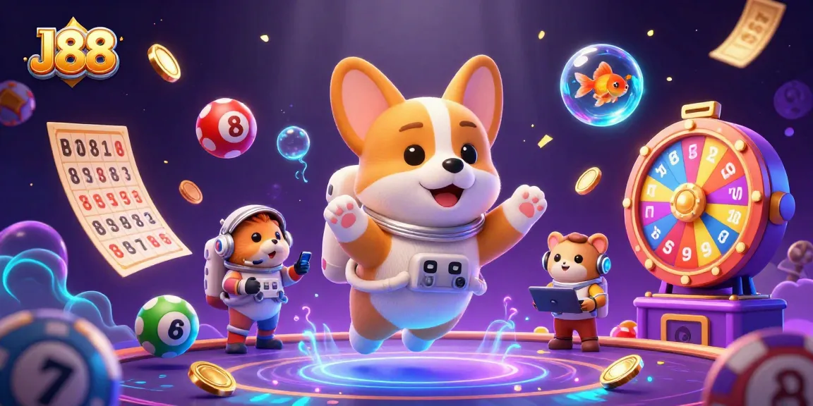 Experience J88 in a vibrant space casino scene with floating chips and animated lottery balls.