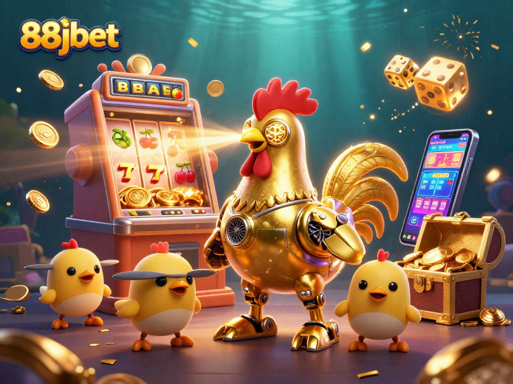 Experience the thrill of 88jbet with a retro-futuristic golden rooster robot and casino elements.