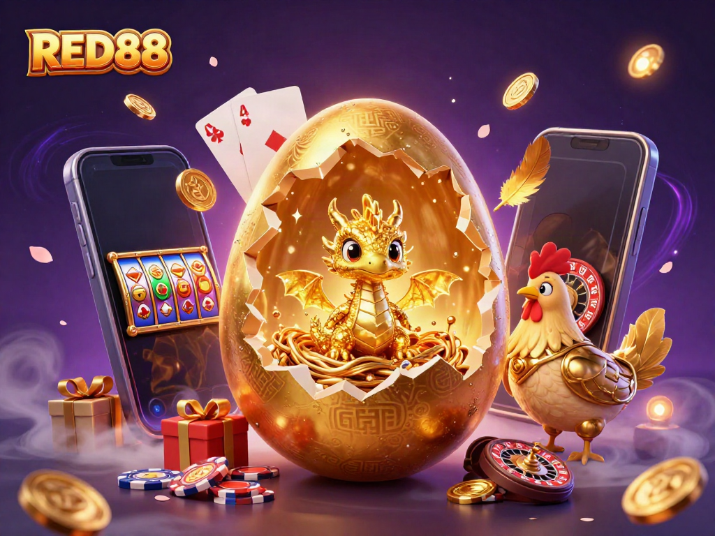 Experience the excitement of RED88 casino with a golden dragon and immersive gaming scene.