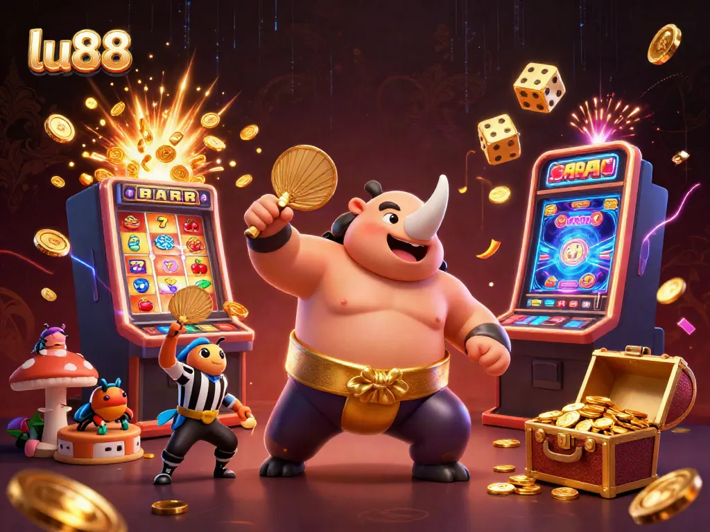 Experience thrilling gameplay at lu88 with a dynamic scene featuring a sumo beetle champion and casino symbols