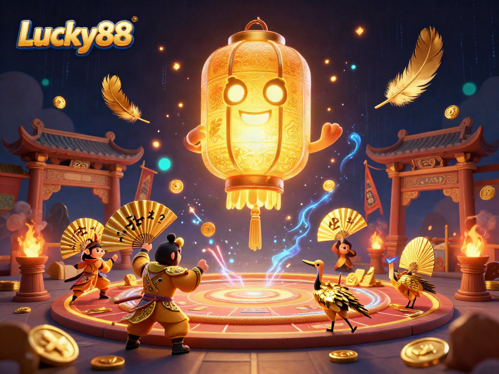 Engage with Lucky88 in a vibrant casino scene featuring golden lantern spirits and dynamic game elements.