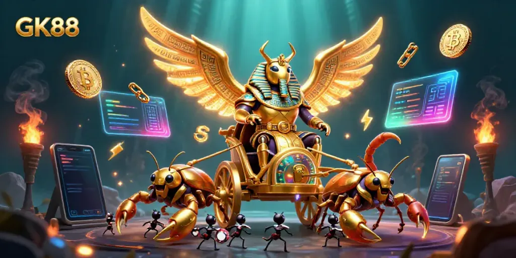Experience the vibrant world of GK88 with a golden scarab beetle and poker chips in a dazzling casino scene.