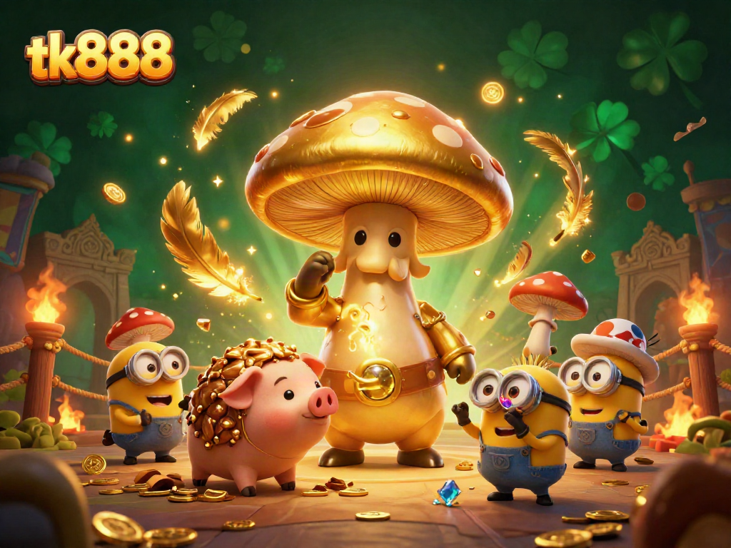 Experience endless treasures with tk888's magical mushroom wizard and vibrant casino elements.