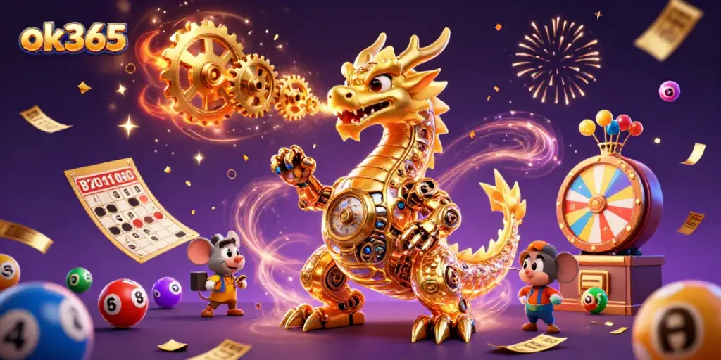 Engage with ok365's dazzling 3D illustration showcasing a vibrant casino scene filled with lottery elements.