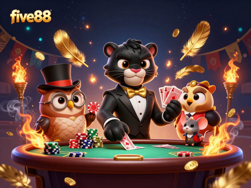 Engage in thrilling poker games with five88, featuring stylish characters and dramatic casino elements.