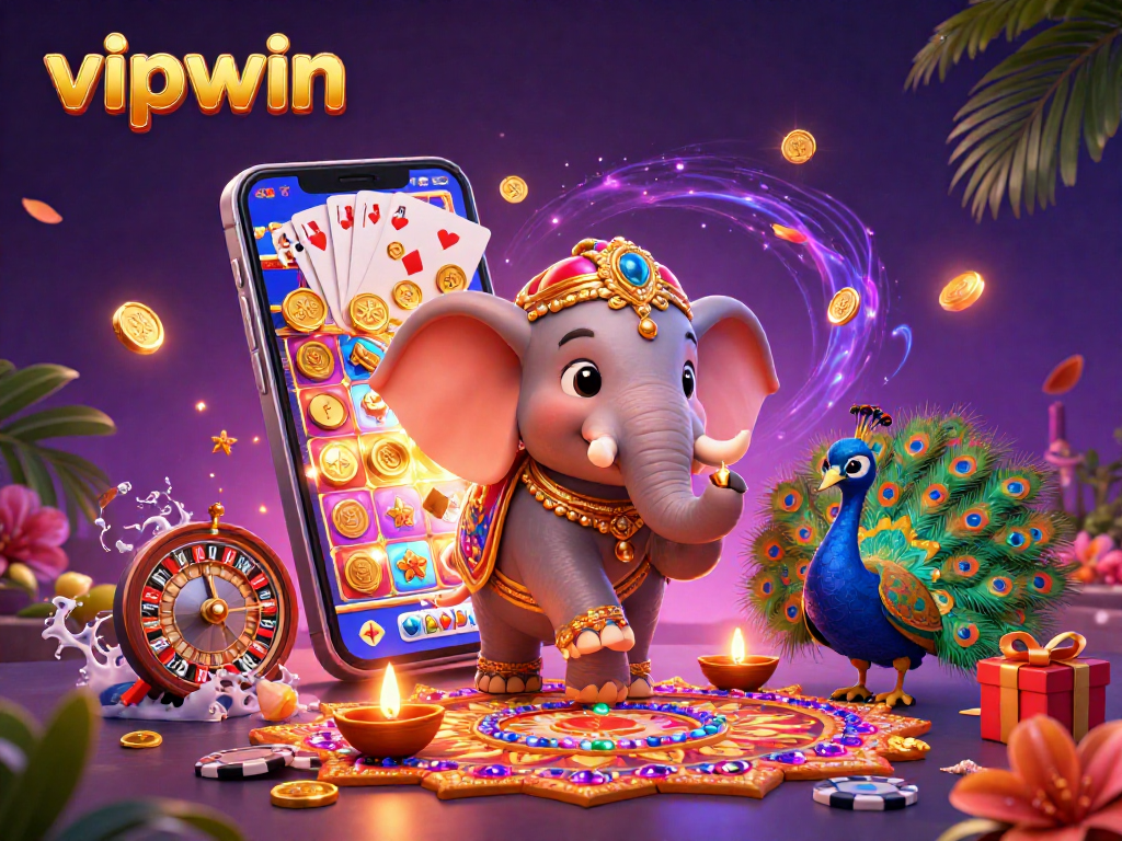Experience thrilling slots at vipwin with colorful games, a vibrant elephant, and dynamic casino elements.
