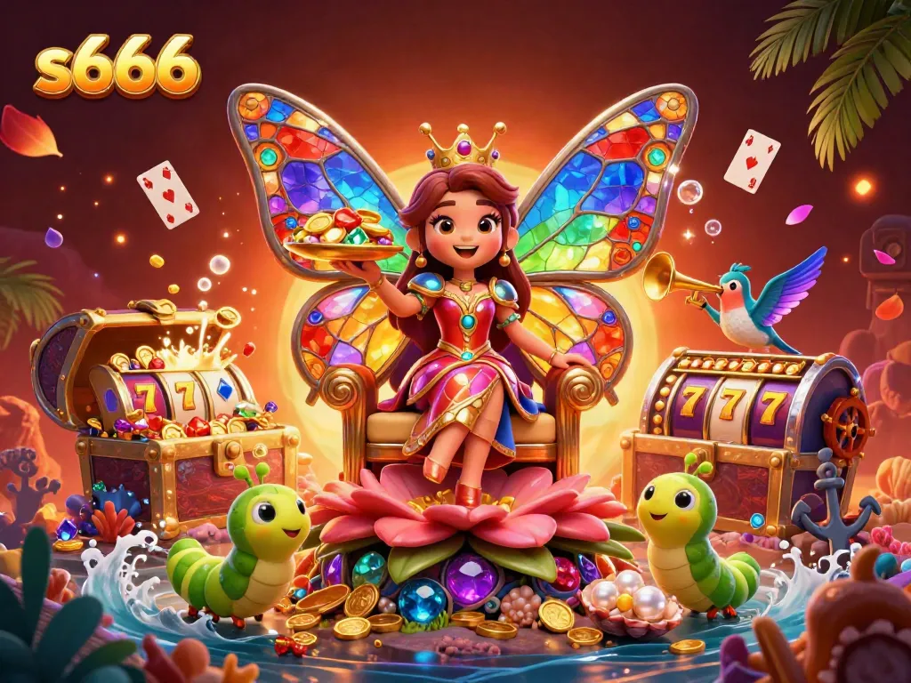 s666 casino experience with a vibrant butterfly queen, playful caterpillars, and golden gaming treasures.
