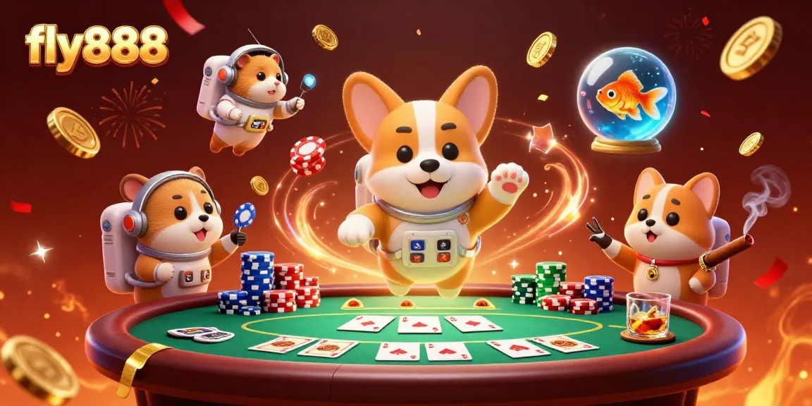 Experience the excitement of fly888 in a vibrant online casino scene with playful characters.