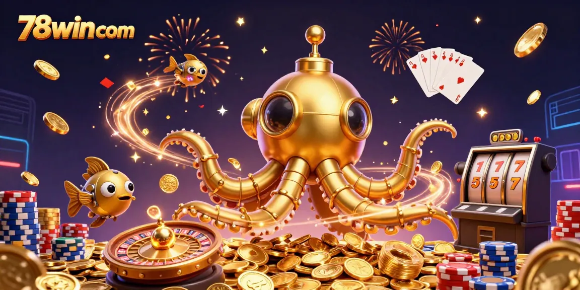 Experience luck at 78win com with a golden kraken emerging from coins, surrounded by cheerful casino elements.