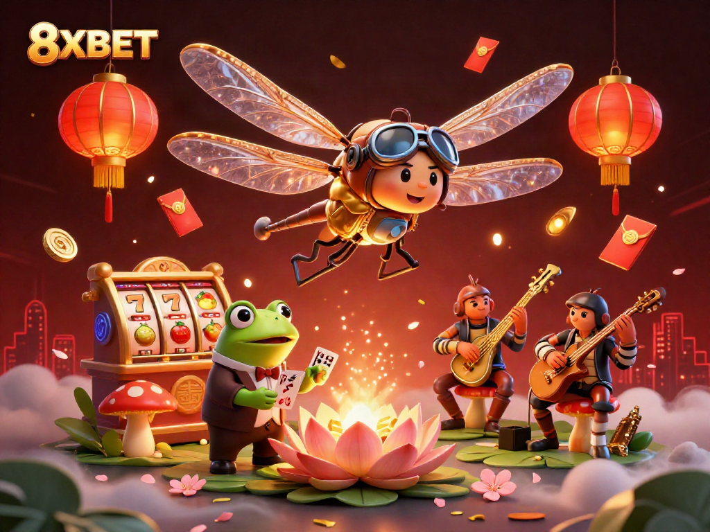 Experience exciting gambling action at 8XBET with a vibrant dragonfly pilot and frog dealer in a lush casino setting.