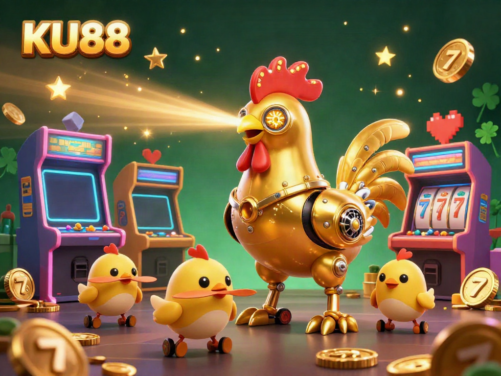 Experience the thrill of KU88 with animated golden rooster and chick drones amidst vibrant casino game elements.