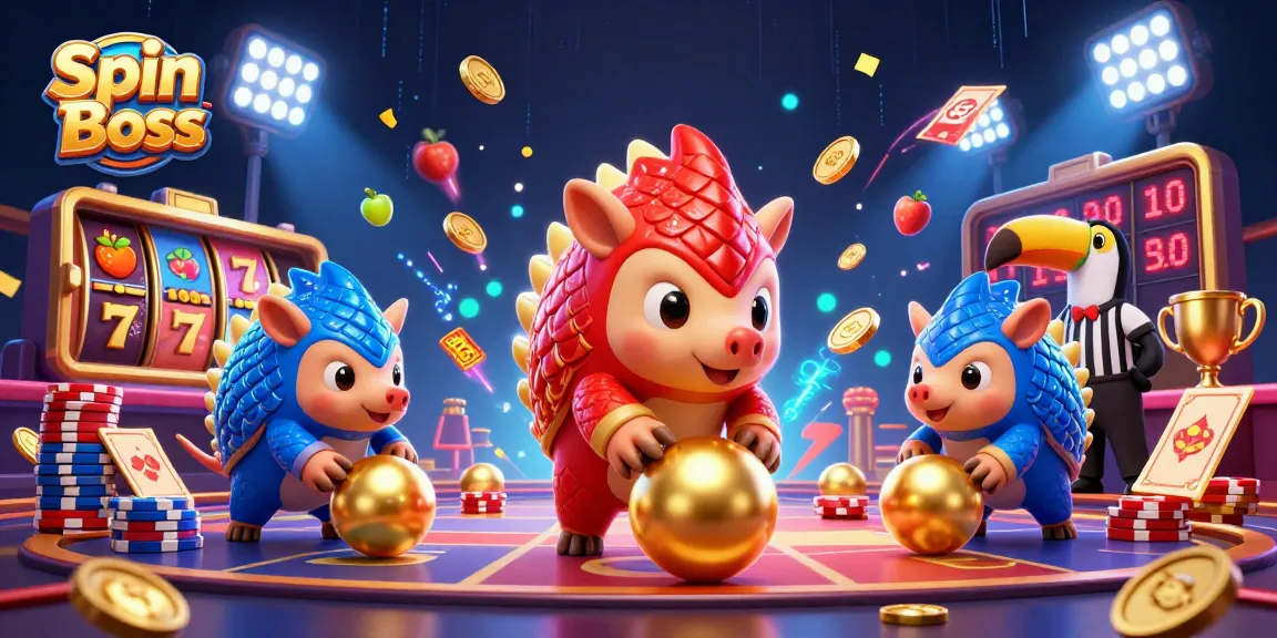 Spin Boss pangolins bowl through poker chips in a vibrant casino scene filled with slot elements.