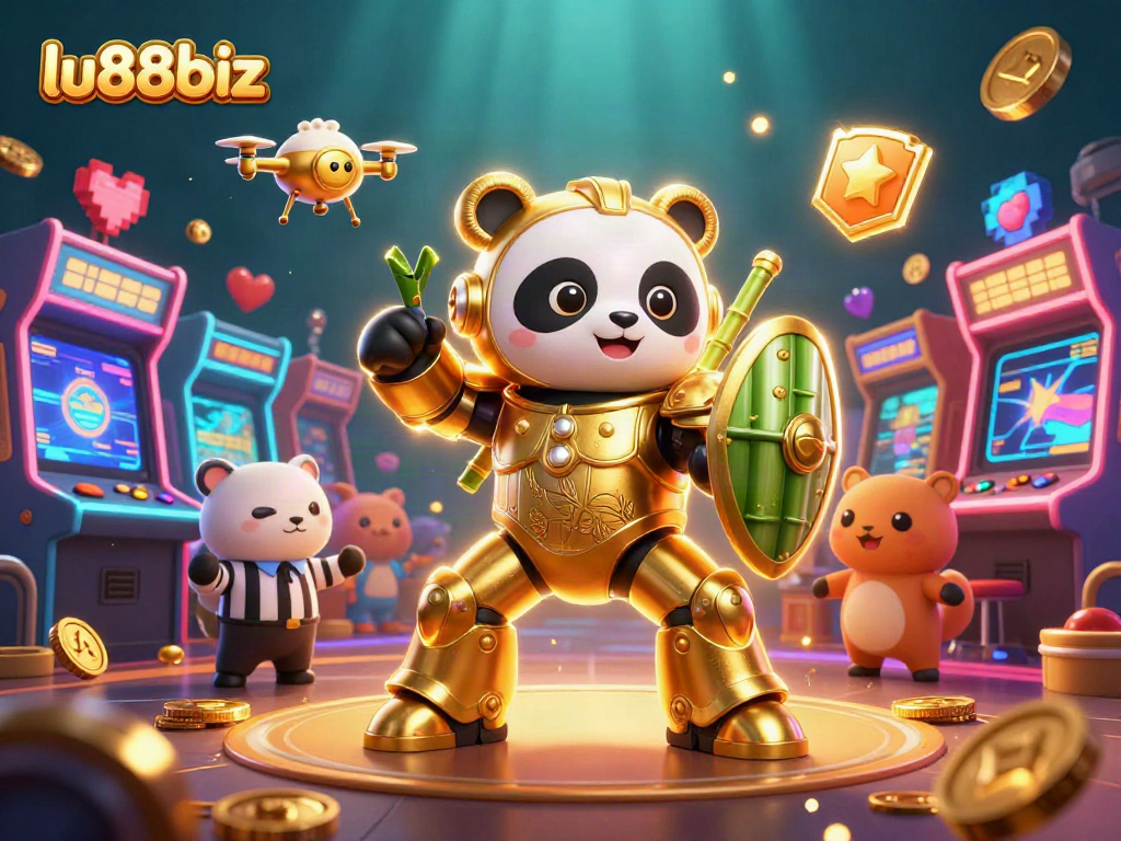 Engaging scene of a golden panda character in a mech suit celebrating at lu88biz casino