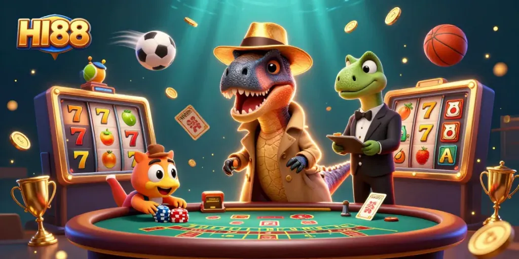 Watch the HI88 velociraptor card counter strategize at the blackjack table amidst a lively casino scene.