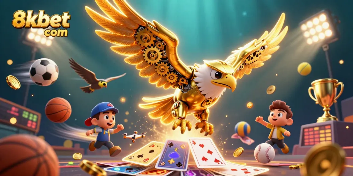 Experience thrilling action with 8xbet com as golden eagle soars through a vibrant casino scene of sports elements.