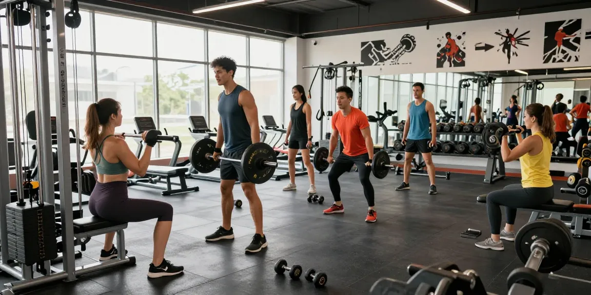 Gezellige trainingssessie in een moderne sportschool, met de focus op Unique Pharma Shop producten voor een gezonde levensstijl.