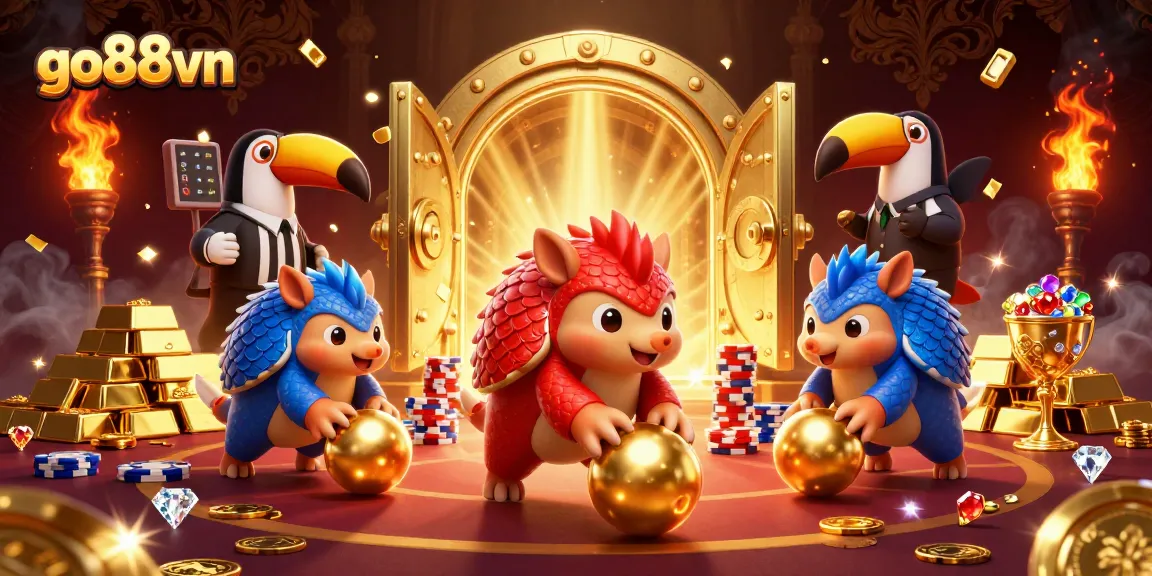 Experience thrilling action at go88vn with pangolins rolling golden balls and poker chips.