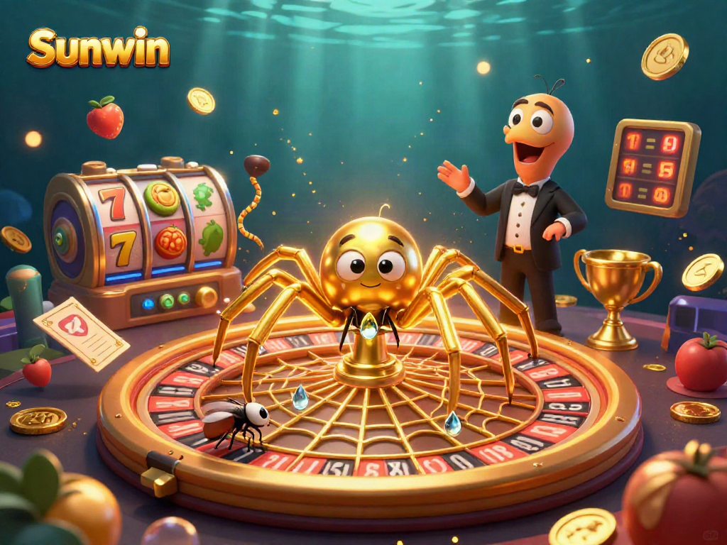 Sunwin offers a dynamic gambling experience with a golden spider and vibrant casino elements.