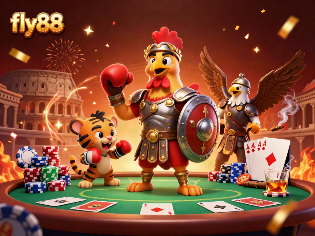Play exciting poker with fly88's dynamic casino scene featuring lively characters.
