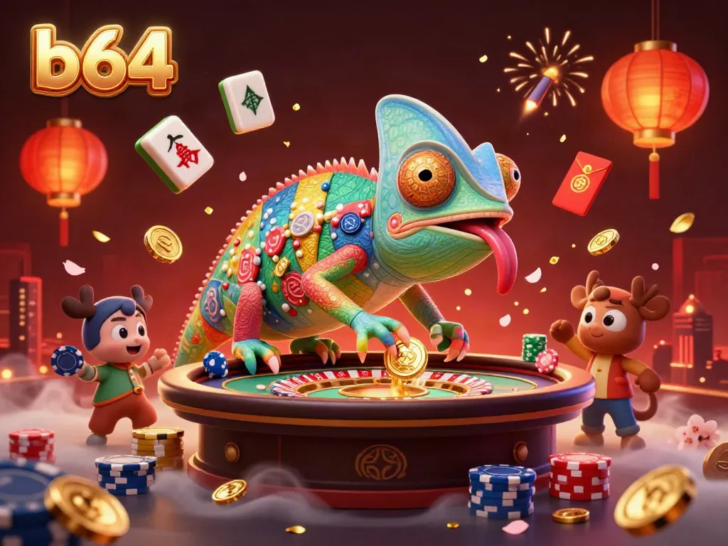 Experience thrilling gameplay with b64's vibrant 3D casino scene featuring a chameleon owner amidst animated casino elements.