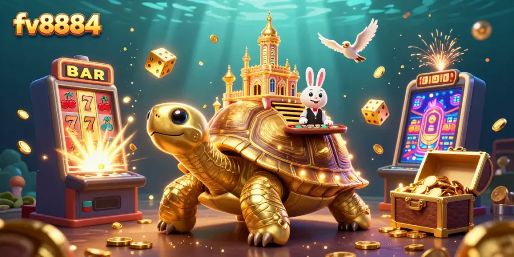 Experience fv8884's vibrant casino atmosphere in an exciting 3D illustration filled with slots and dealers.