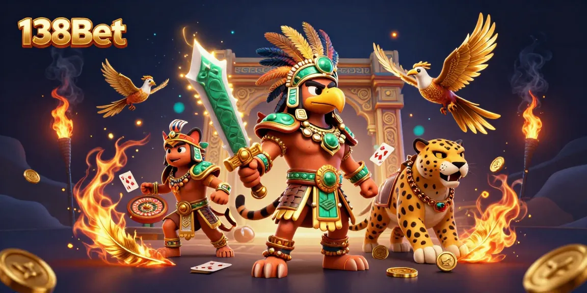 Engage with 138Bet through a vibrant 3D scene featuring Aztec characters surrounded by live casino elements and golden tokens.