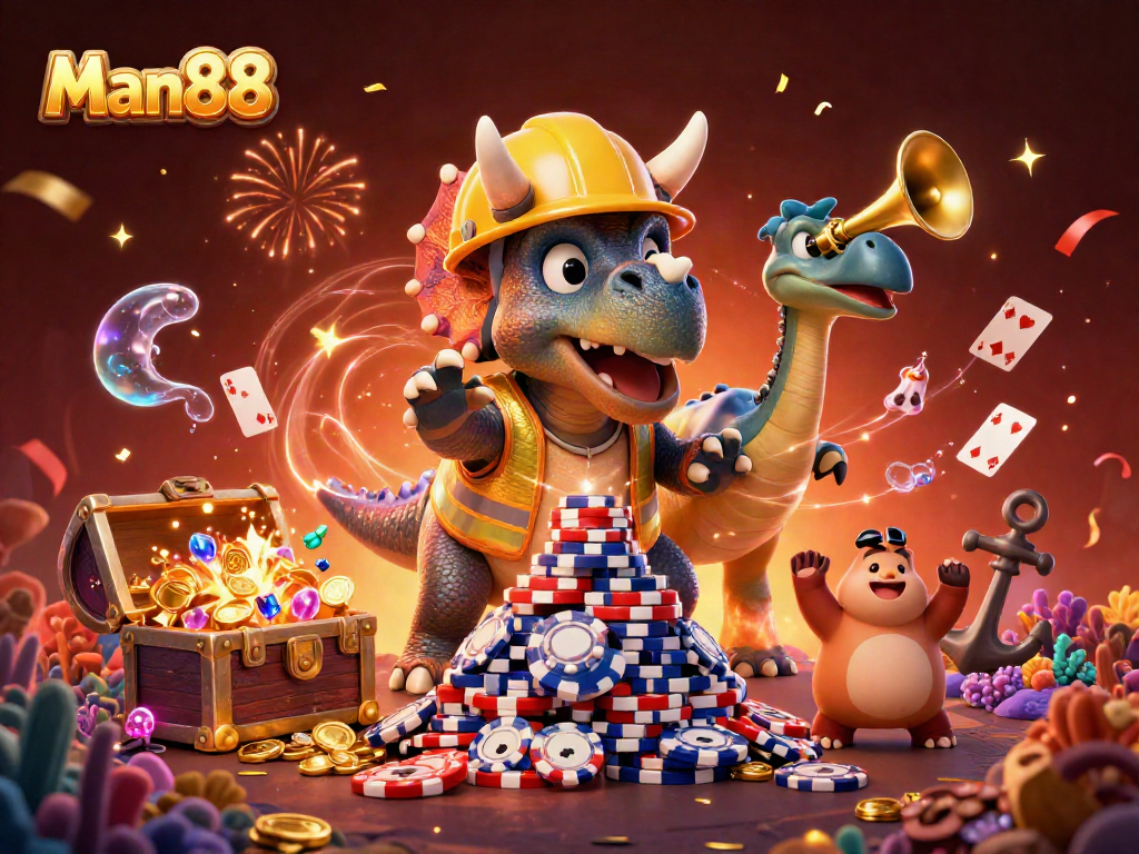Engage in thrilling games at Man88 with a whimsical 3D illustration of joyful characters celebrating the casino experience.