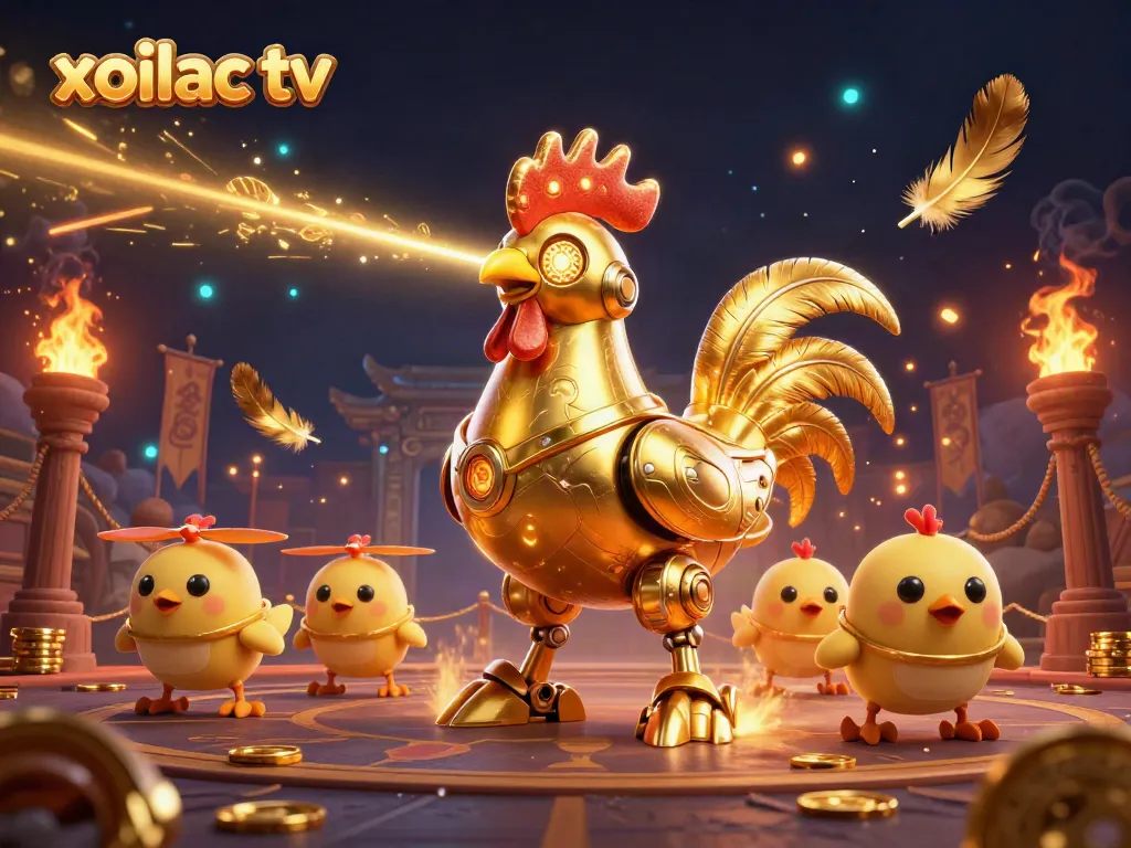 Xoilac TV brings excitement to sports betting with a futuristic golden rooster robot shooting lasers and baby chick drones.