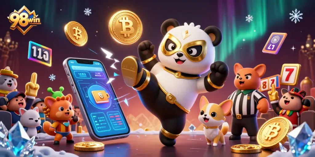 Engage with 98win's vibrant casino action featuring a panda and a chihuahua amidst lively gaming.