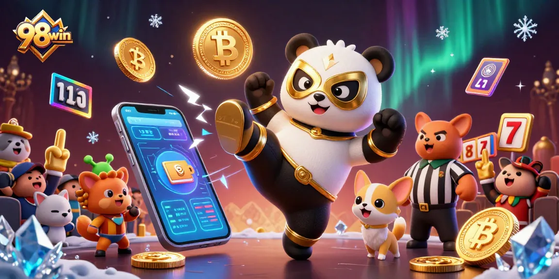 Engage with 98win's vibrant casino action featuring a panda and a chihuahua amidst lively gaming.