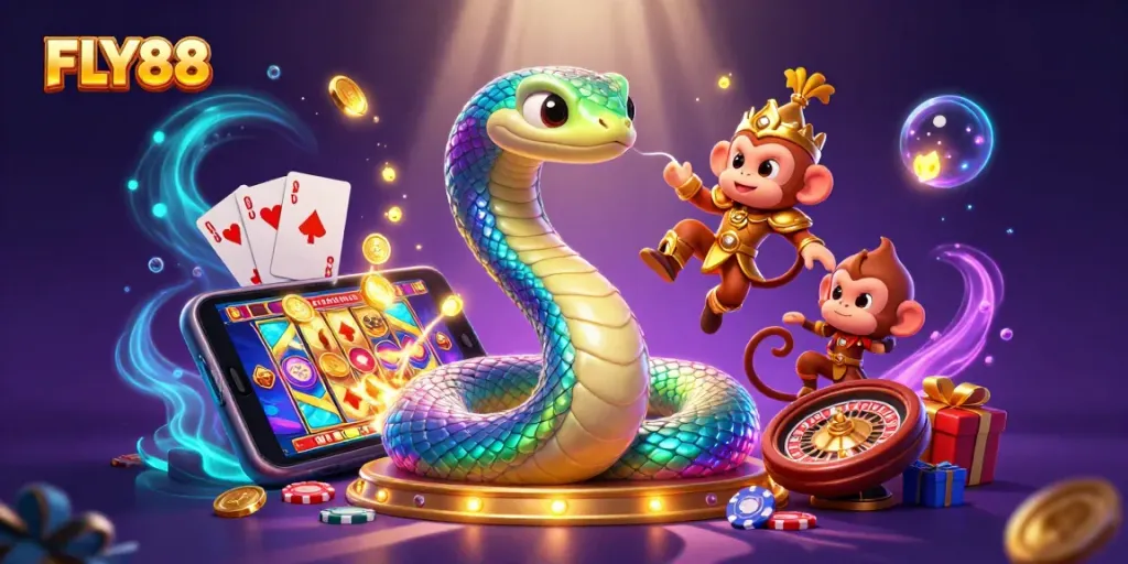Experience thrilling gaming action at FLY88 with a vibrant 3D scene featuring a magical serpent and playful monkey.
