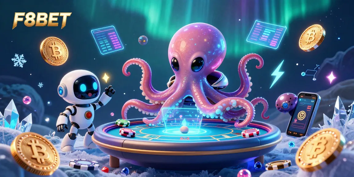 F8BET alien octopus plays poker with digital coins and animations for an exciting casino experience.