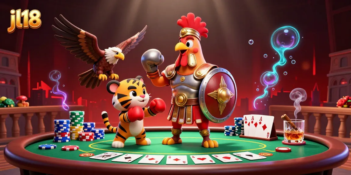 Engage in thrilling gaming action at jl18 Casino featuring poker elements and animated characters.