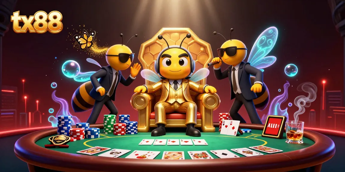 Engage with tx88's thrilling poker scene featuring a bumblebee mob boss and vibrant casino elements.
