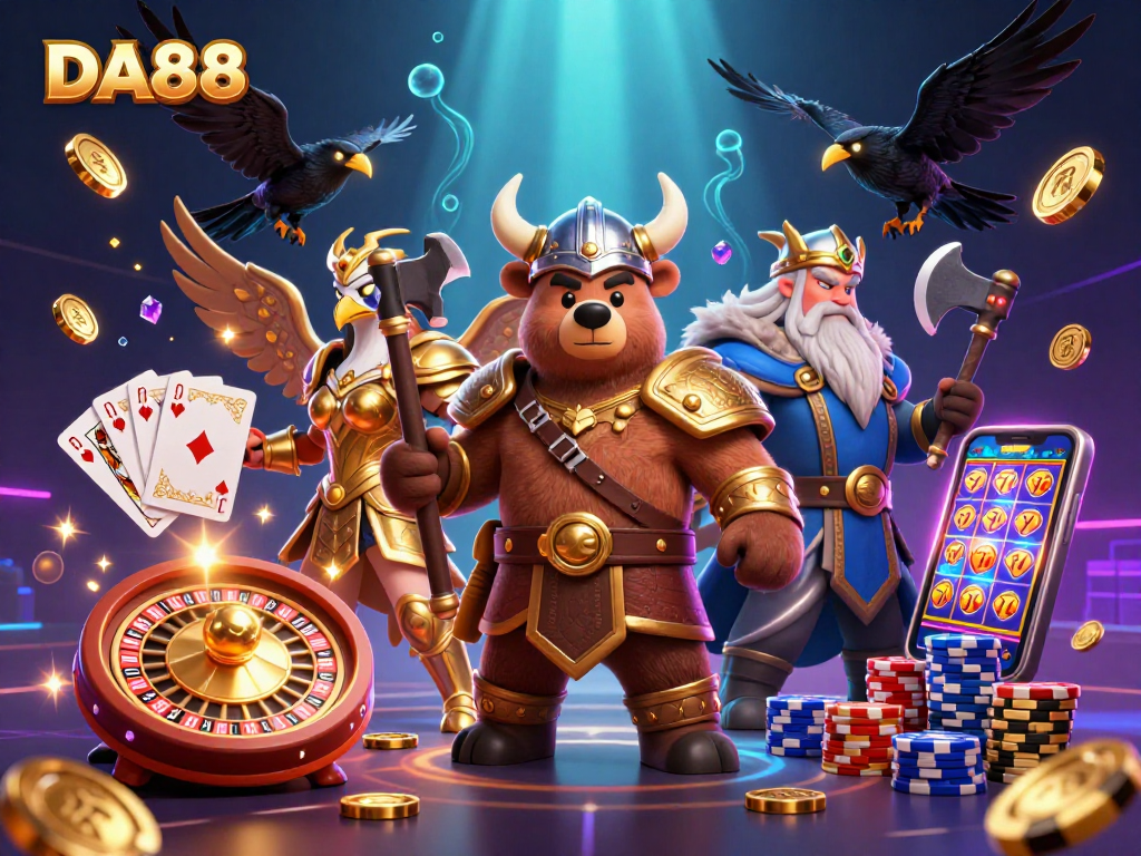 Engage in thrilling gameplay with DA88 featuring dynamic characters and sparkling casino elements.
