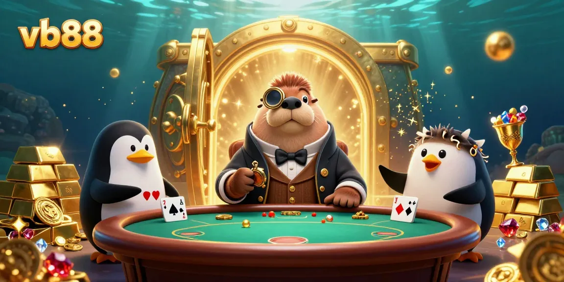 Experience the thrill of vb88 with a jolly walrus playing at an underwater poker table, surrounded by treasures.